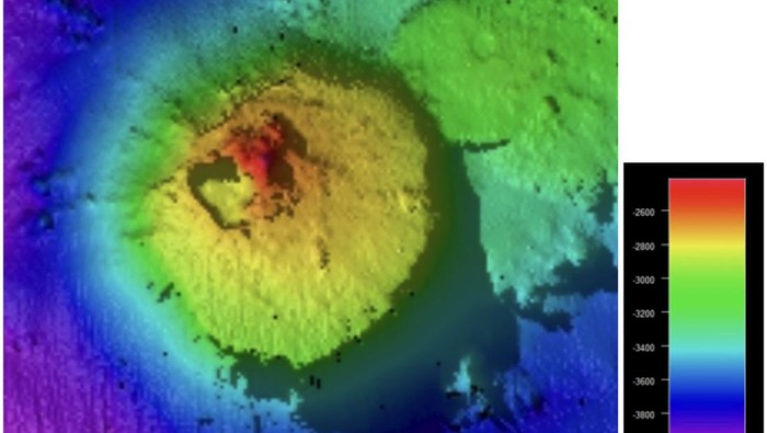 Color-graded bathymetry of the seamount,rising from about 4,000m and peaking at about 2,400m. 

Seafloor mapping during a Schmidt Ocean Institute expedition has revealed an underwater mountain twice as high as the Burj Khalifa, the world’s tallest building, in international waters off Guatemala.

The 1,600-meter (5,249-foot) seamount covers 14 square kilometers and sits 2,400 meters below sea level.