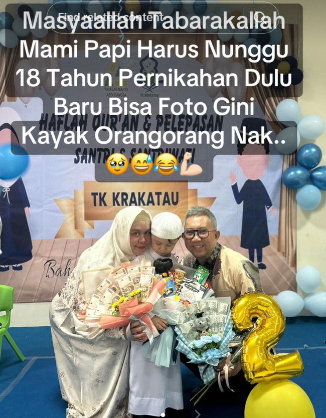 Dalam postingan foto yang viral tersebut, pasangan tersebut memperlihatkan foto saat bersama anaknya. Keduanya mengantarkan anak pertamanya yang masuk taman kanak-kanak (TK).  Foto: Dok. TikTok @mamikiaypuansunan.