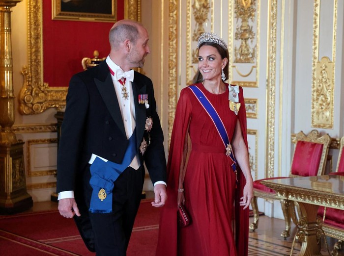 Pangeran William dan Putri Catherine tiba untuk menghadiri Perjamuan Kenegaraan Presiden Prancis Emmanuel Macron dan istrinya Brigitte Macron, di Kastil Windsor, Berkshire, Inggris, 8 Juli 2025.