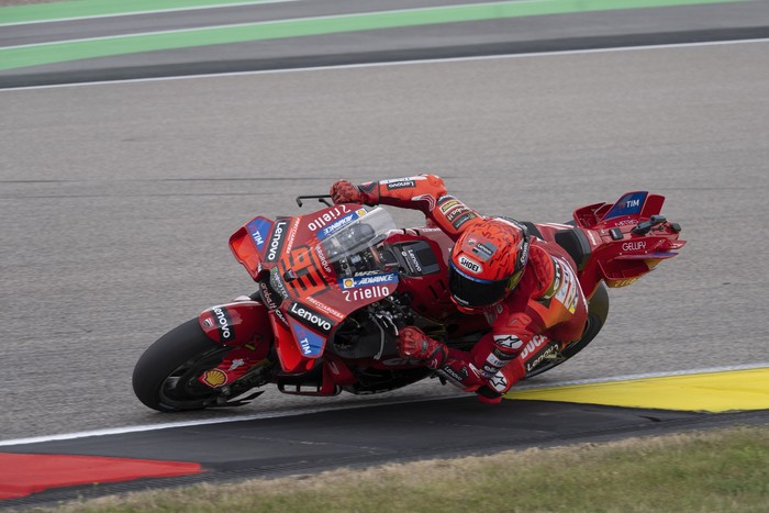 HOHENSTEIN-ERNSTTHAL, GERMANY - JULY 11: Marc Marquez of Spain and  Ducati Lenovo Teamrounds the bend during the MotoGP Of Germany - Free Practice at Sachsenring Circuit on July 11, 2025 in Hohenstein-Ernstthal, Germany. (Photo by Mirco Lazzari gp/Getty Images)
