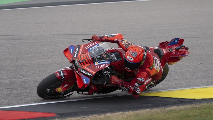 HOHENSTEIN-ERNSTTHAL, GERMANY - JULY 11: Marc Marquez of Spain and  Ducati Lenovo Teamrounds the bend during the MotoGP Of Germany - Free Practice at Sachsenring Circuit on July 11, 2025 in Hohenstein-Ernstthal, Germany. (Photo by Mirco Lazzari gp/Getty Images)