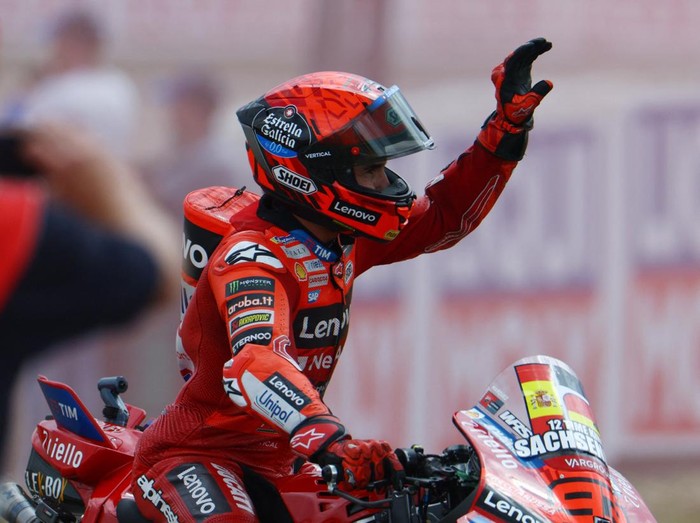 MotoGP - German Grand Prix - Sachsenring, Hohenstein-Ernstthal, Germany - July 13, 2025 Ducati Lenovo Teams Marc Marquez celebrates winning the German Grand Prix REUTERS/Lisi Niesner