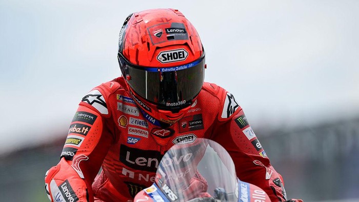 HOHENSTEIN-ERNSTTHAL, GERMANY - JULY 13: Marc Marquez of Spain riding the Lenovo Ducati (93) arrives to the grid during the MotoGP of Germany race at Sachsenring Circuit on July 13, 2025 in Hohenstein-Ernstthal, Germany. (Photo by Gold & Goose Photography/Getty Images)