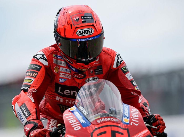 HOHENSTEIN-ERNSTTHAL, GERMANY - JULY 13: Marc Marquez of Spain riding the Lenovo Ducati (93) arrives to the grid during the MotoGP of Germany race at Sachsenring Circuit on July 13, 2025 in Hohenstein-Ernstthal, Germany. (Photo by Gold & Goose Photography/Getty Images)