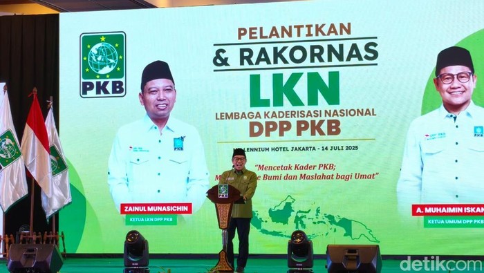 Ketum PKB Cak Imin dalam acara pengukuhan Lembaga Kaderisasi Nasional (LKN) DPP PKB di Millennium Hotel, Jakarta Pusat, Senin (14/7/2025) (Kurniawan F/detikcom)