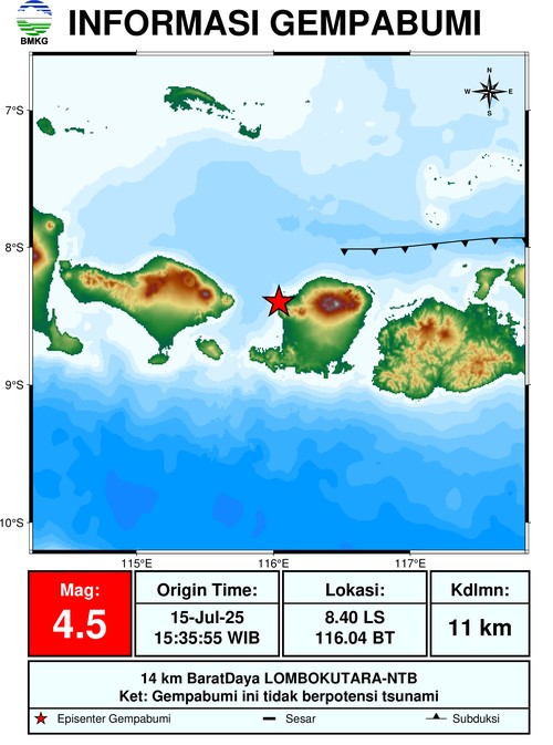 Gempa berpusat di Lombok Utara, Selasa (15/7/2025).