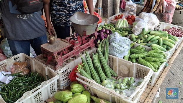 Harga beberapa sayuran di Pasar Minggu, Jakarta Selatan terpantau normal pada Selasa (15/7/2025). (CNBC Indonesia/Chandra Dwi Pranata)