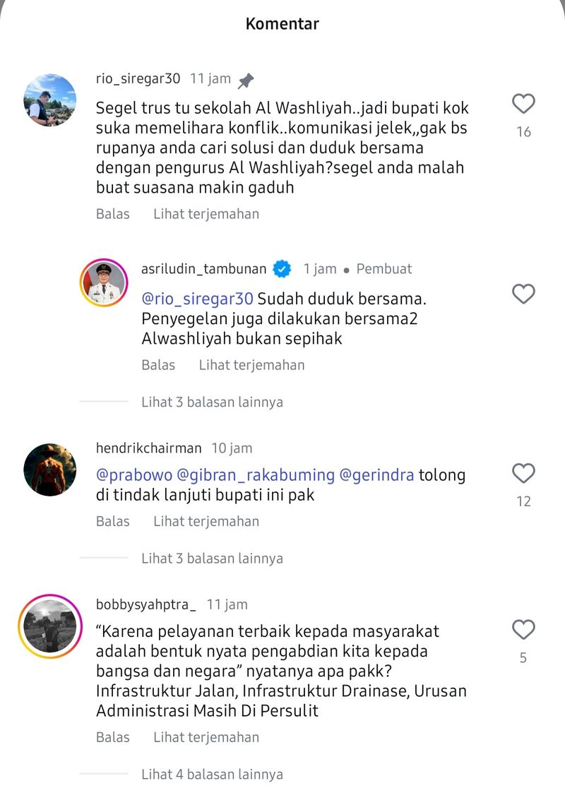 Komentar netizen di akun Instagram Bupati Deli Serdang. (Screenshot)