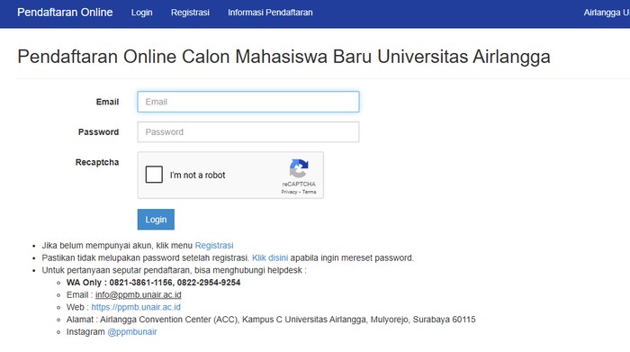Laman pendaftaran Universitas Airlangga.