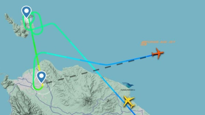 Pesawat Super Air Jet dari Jakarta gagal mendarat di Bandara Sultan Iskandar Muda (SIM) Blang Bintang, Aceh Besar akibat cuaca buruk. (dok. Screenshot Flightradar24)
