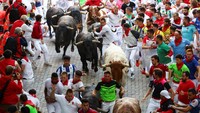 Setiap tahun puluhan orang terluka akibat jatuh atau tertanduk. Namun, peserta tetap antusias mengikuti tradisi ini. (REUTERS/Albert Gea)