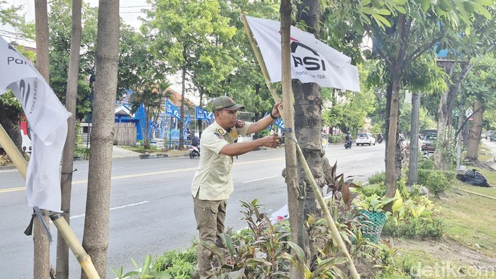 Satpol PP mencopot bendera PSI di kawasan Kerten Solo, Rabu (16/7/2025)