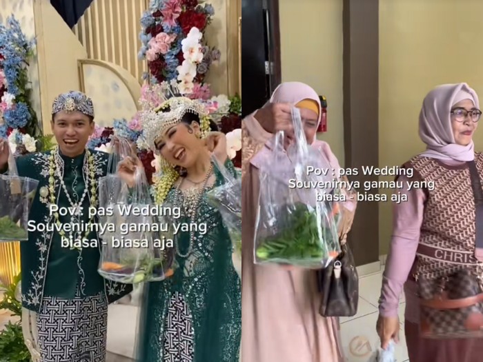 Pengantin ini memberikan souvenir pernikahan berupa sayuran segar, mulai dari wortel, terong hingga bayam untuk para tamu undangan di Serpong, Tangerang Selatan. Postingan tersebut langsung viral di media sosial.