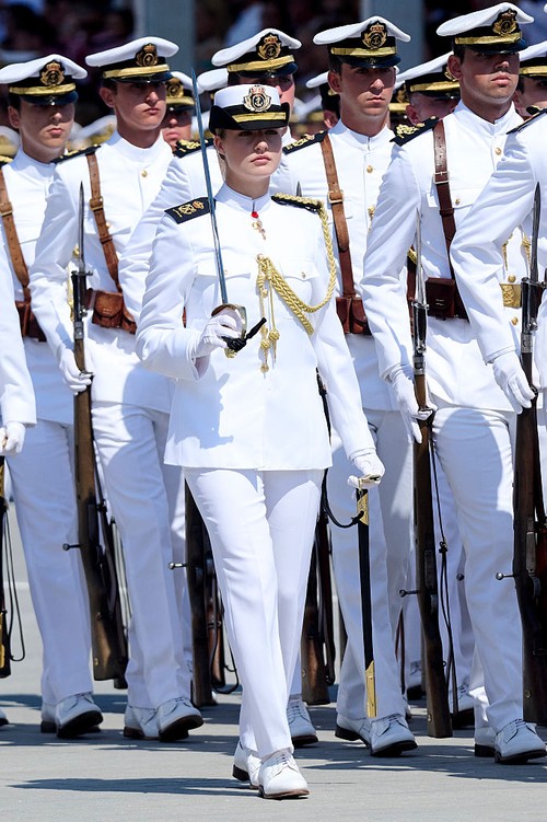 MARIN, PONTEVEDRA, SPAIN - JULY 16: (L-R) Crown Princess Leonor of Spain, King Felipe VI of Spain, Queen Letizia of Spain and Princess Sofia of Spain attend a presentation of Royal dispatches of employment at Escuela Naval on July 16, 2025 in Marin, Pontevedra, Spain. (Photo by Carlos Alvarez/Getty Images)