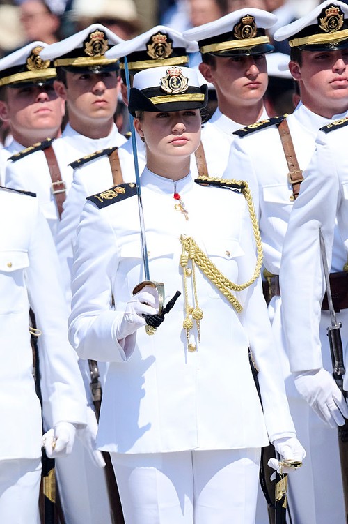 MARIN, PONTEVEDRA, SPAIN - JULY 16: (L-R) Crown Princess Leonor of Spain, King Felipe VI of Spain, Queen Letizia of Spain and Princess Sofia of Spain attend a presentation of Royal dispatches of employment at Escuela Naval on July 16, 2025 in Marin, Pontevedra, Spain. (Photo by Carlos Alvarez/Getty Images)