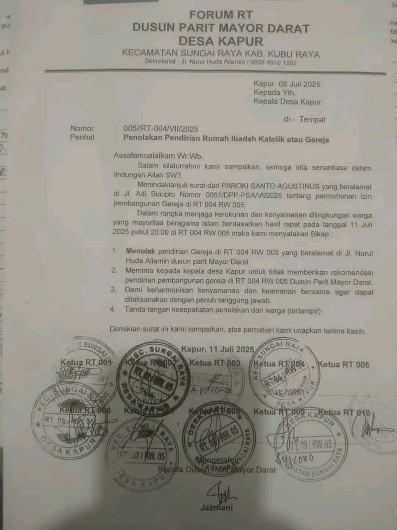 Surat penolakan pembangunan gereja di Kubu Raya.