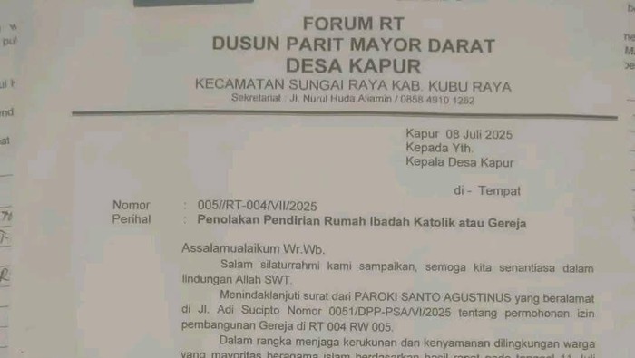 Surat penolakan pembangunan gereja di Kubu Raya.