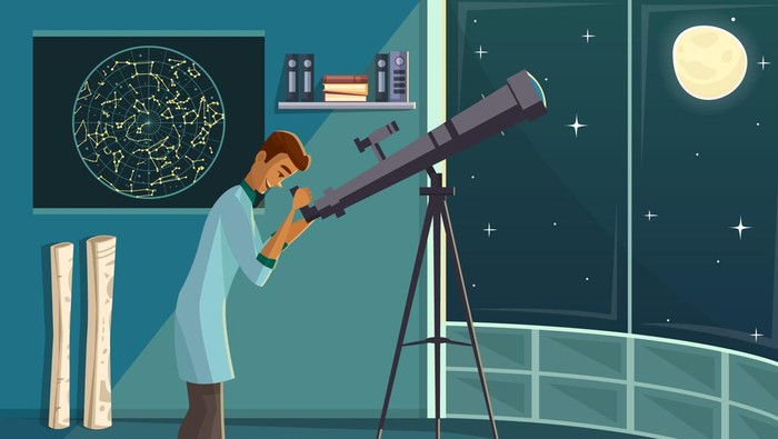 Astronomer scientist observing moon in night sky  through open window with telescope   retro cartoon poster vector illustration