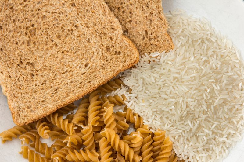 Selection of grains from bread to pasta and rice.