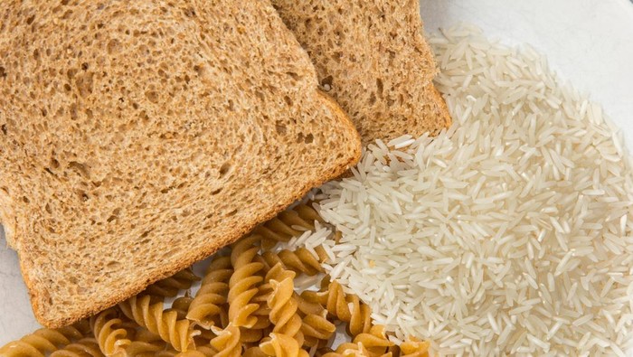 Selection of grains from bread to pasta and rice.