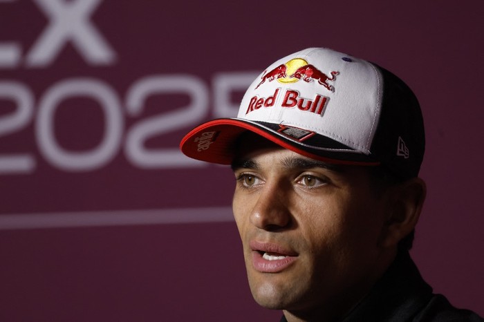 (FILES) Prima Pramac Racings Jorge Martin of Spain attends the press conference pre-event ahead of the Qatar MotoGP Grand Prix at the Lusail International Circuit in Lusail, north of Doha on April 10, 2025. Outgoing MotoGP world champion Jorge Martin announced on July 17, 2025, that he would ultimately stay with Aprilia in 2026 after previously stating he was considering leaving the Italian team. (Photo by Karim JAAFAR / AFP)