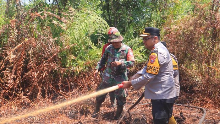 Kapolres Kampar AKBP Bobby Sebayang terjun langsung memadamkan kebakaran hutan dan lahan di Rimbo Panjang, Jumat (18/7/2025).