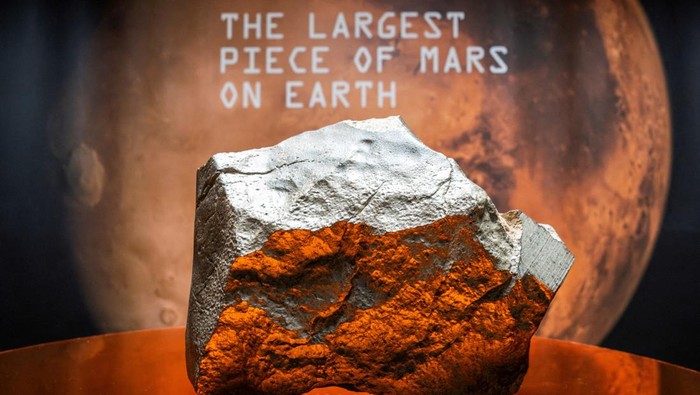 AUCTION-MARS METEORITE/NEW YORK FILE PHOTO: The meteorite NWA 16788, the largest known piece of Mars on Earth, is displayed during the press preview of Sotheby’s Natural History auction in New York City, U.S., July 8, 2025. REUTERS/Eduardo Munoz/File Photo