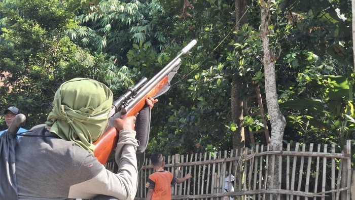Warga memburu monyet liar yang menyerang pemukiman Desa Podoroto, Kesamben, Jombang dengan senapan angin
