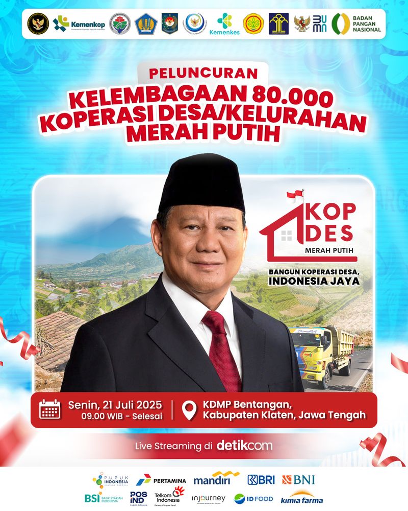 Poster Peluncuran kelembagaan 80.000 Koperasi Desa/Kelurahan Merah Putih di Desa Bentangan, Wonosari, Kabupaten Klaten, Senin (21/7/2025).