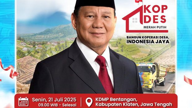 Poster Peluncuran kelembagaan 80.000 Koperasi Desa/Kelurahan Merah Putih di Desa Bentangan, Wonosari, Kabupaten Klaten, Senin (21/7/2025).