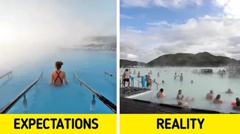 Blue Lagoon yang sama sekali tidak blue alias biru seperti di foto. Ramai orang pula. Foto: via BrightSide