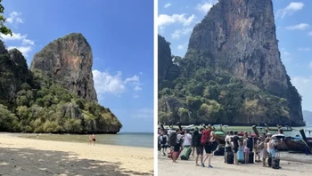 Masih di Railay Beach, Krabi, Thailand dengan angle lain, dan tetap mengecewakan karena ramai orang. Foto: via BrightSide