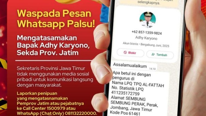Tampilan penipuan WA yang mencatut nama Sekda Jatim Adhy Karyono