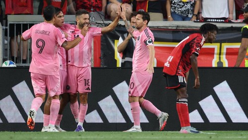 Jul 19, 2025; Harrison, New Jersey, USA; Inter Miami CF midfielder Telasco Segovia (8) celebrates his goal with teammates during the first half against the New York Red Bulls at Sports Illustrated Stadium. Mandatory Credit: Vincent Carchietta-Imagn Images