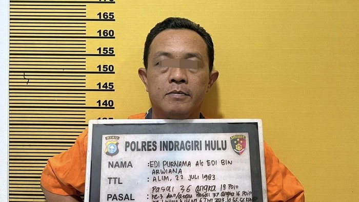Kepala Desa di Indragiri Hulu, Riau inisial EP jadi tersangka karena menjual kawasan Hutan Produksi Terbatas (HPT) jadi kebun sawit. (dok. Polres Inhu)