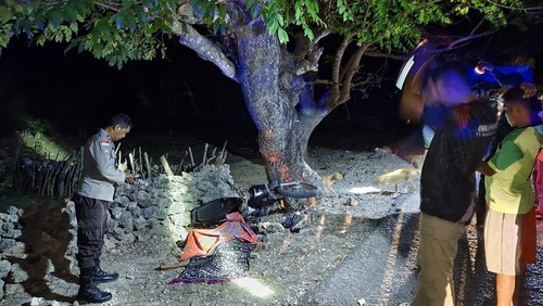 Petani bernama Petrus tewas setelah menabrak pohon kedondong di Jalan Raya Nemberala-Baa, Kecamatan Rote Barat,  Rote Ndao, NTT, Minggu (20/7/2025) malam.