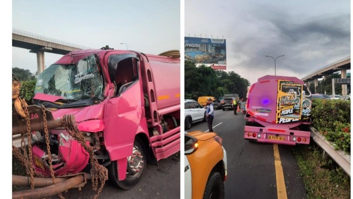 Truk tangki menabrak pembatas jalan di Tol Jagorawi arah Bogor (dok istimewa)