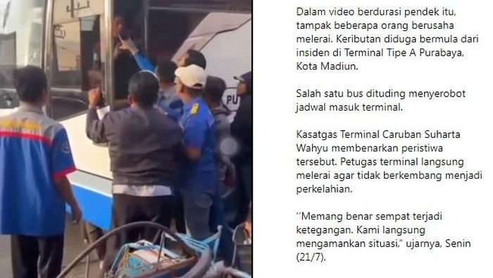 Perkelahian kru Bus Sugeng Rahayu dengan kru Bus Jaya di Terminal Caruban, Madiun.