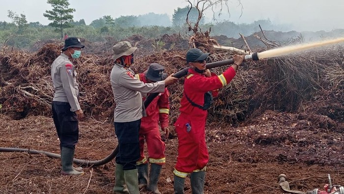 Personel Manggala Agni daN Polri melakukan pemadaman lahan di Desa Gambut Jaya, Muaro Jambi