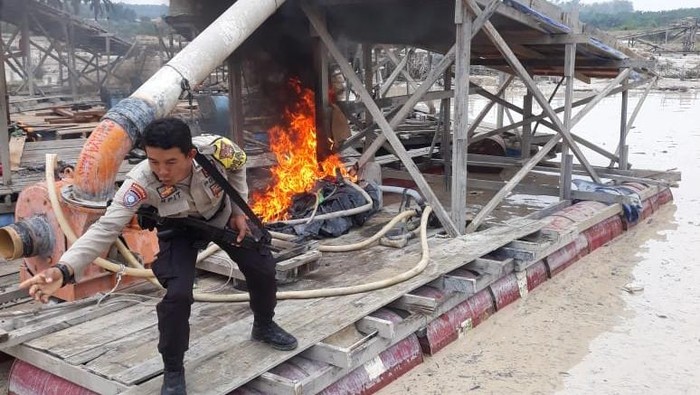 Polda Riau melalui Polres Kuansing menertibkan penambangan emas tanpa izin di bekas kebun sawit di Desa Koto Tuo, Selasa (22/7/2025).