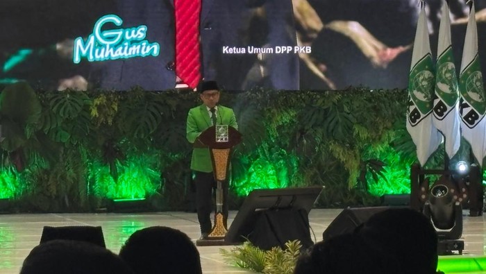 Cak Imin memberi sambutan di HUT PKB, Rabu (23/7/2025)