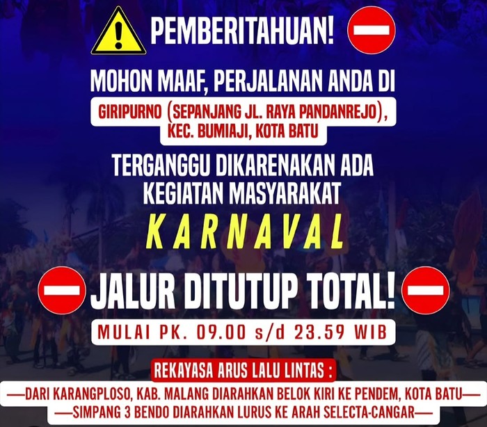 Flyer pemberitahuan penutupan akses lalu lintas di sepanjang Jalan Raya Pandanrejo
