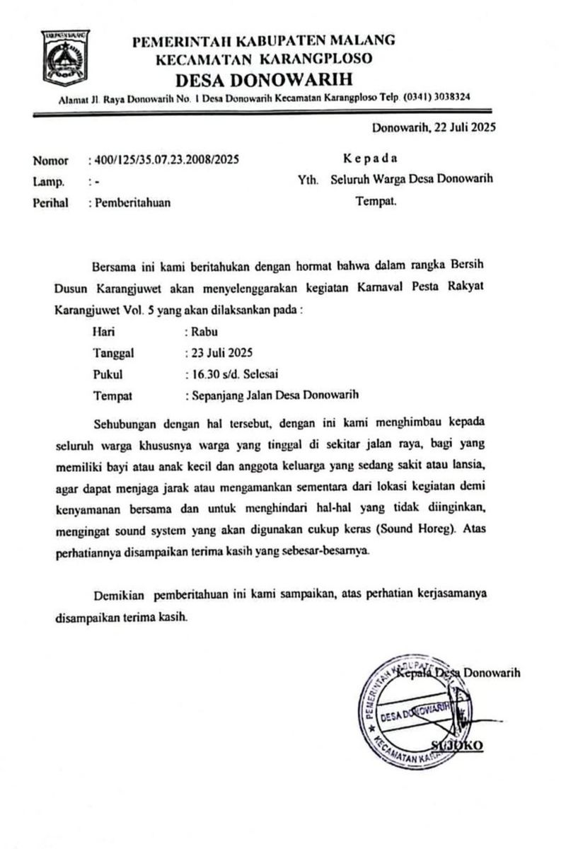 Tangkapan Layar unggahan surat pemberitahuan Pemdes Donowarih di media sosial.