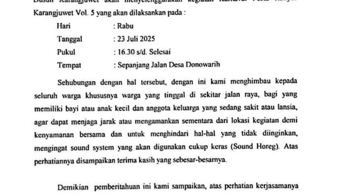 Tangkapan Layar unggahan surat pemberitahuan Pemdes Donowarih di media sosial.