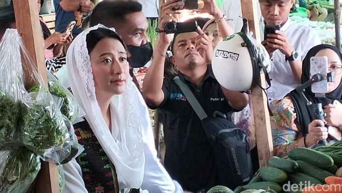 Wakil Menteri Perdagangan Dyah Roro Esti Widya Putri mengecek harga bahan pokok di Pasar Batu Cermin, Labuan Bajo, Manggarai Barat, NTT, Rabu (23/7/2025). (Foto: Ambrosius Ardin/detikBali)