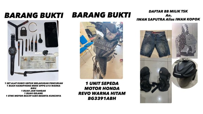 Barang bukti pencurian keempat tersangka yang diamankan polisi.