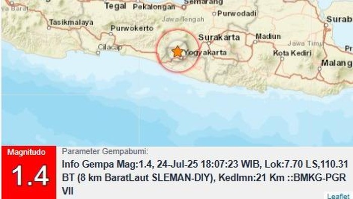 Gempa bumi berkekuatan magnitudo (M) 1,4 di Sleman pukul 18.07 WIB, Kamis (24/7/2025).