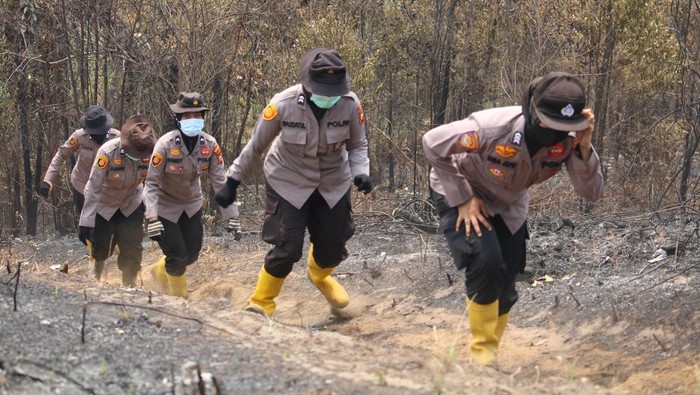 Perjuangan polwan Polres Rokan Hulu memadamkan karhutla di Sialang Jaya, Rabu (23/7/2025).
