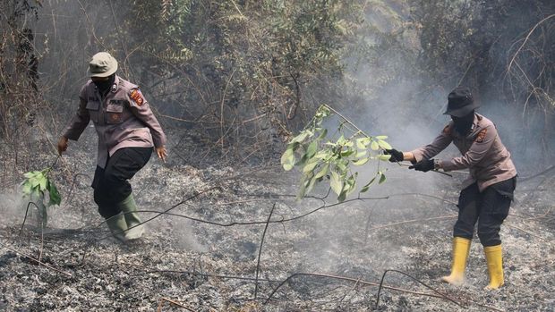 Perjuangan polwan Polres Rokan Hulu memadamkan karhutla di Sialang Jaya, Rabu (23/7/2025).