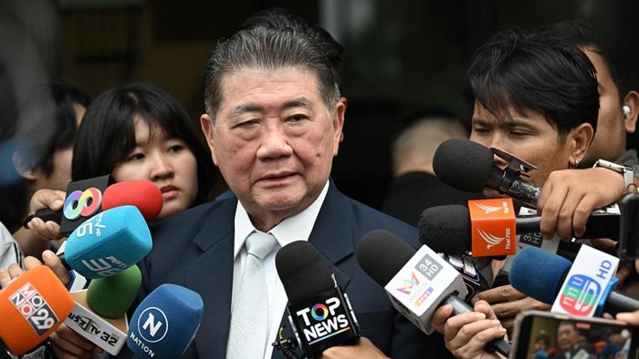 Thailand new acting Prime minister Phumtham Wechayachai speaks to media after a cabinet meeting at Government House in Bangkok on July 3, 2025. (Photo by Lillian SUWANRUMPHA / AFP)